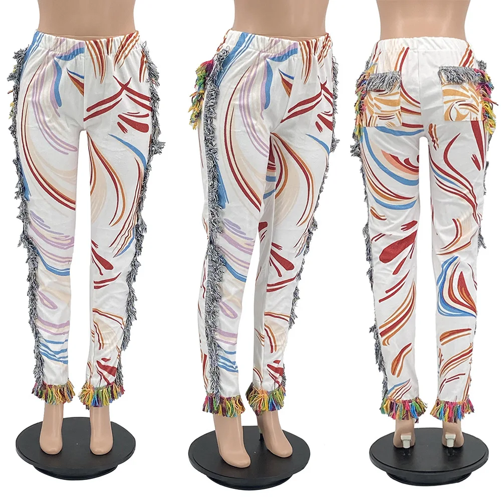 

Casual Women Long Pants Tassel Print Skinny Streetwear Colorful Summer Pants For Women Outfit