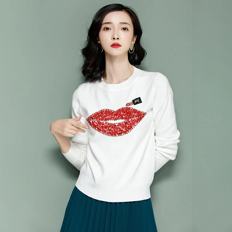 

Женский джемпер с блестками и красными губами, демисезонный дизайнерский трикотажный джемпер в стиле Харадзюку ручной работы со стразами и...