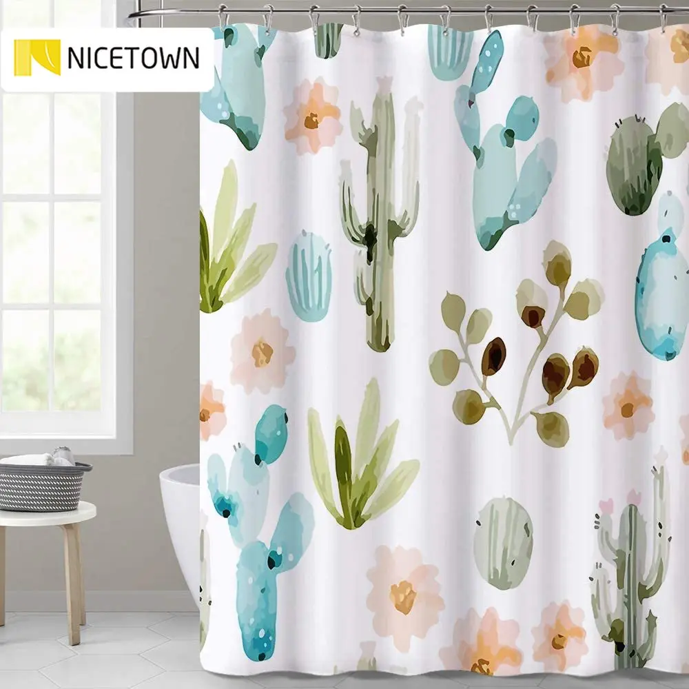 

Waterproof Shower Curtain Cactus Tropical Plant Pattern Plant Bathroom Decoration Curtain Lining Printed Polyester Fabric