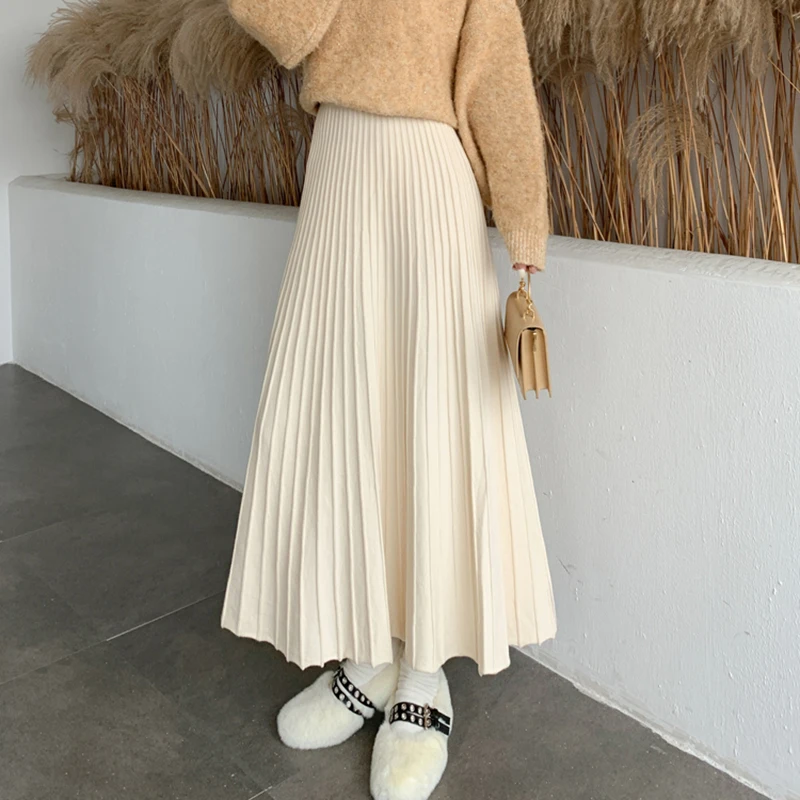 

Long Winter Skirt 2021 Office Lady High Waist A-Line Rib Thick Elegant Knitted Skirts For Women Gray Khaki Beige
