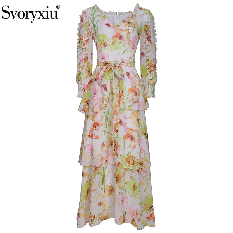 

Svoryxiu 2021 New Women's Summer Sexy V-Neck Dress Fashion Long Sleeve Flower Print Tiered Ruffles Runway Midi Dresses Vestdios