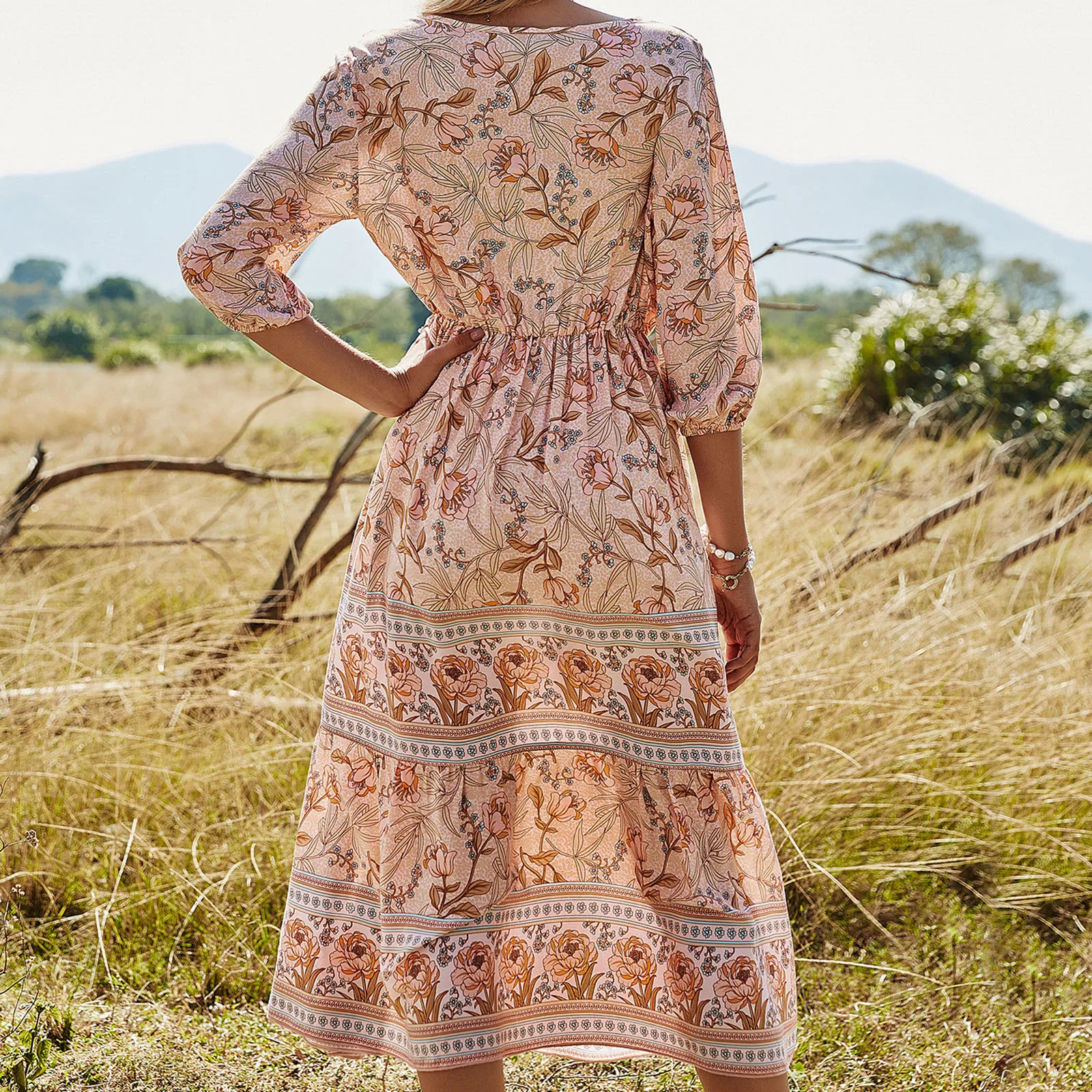 

Elegant Vintage Women Dress Chiffon Long Floral Printing V-neck Fashion Holiday Middle Sleeve Dress Female 2021