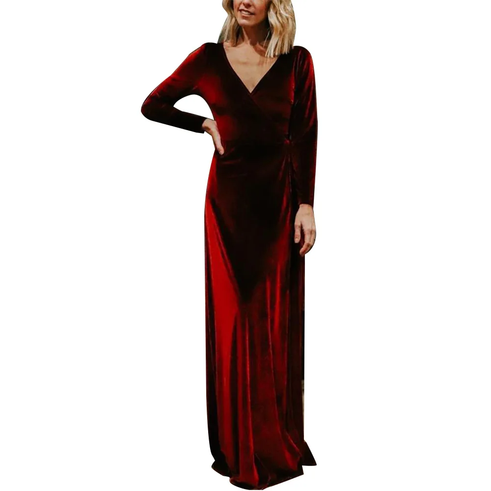 

Solid Color Women Velvet Evening V-Neck Party Cocktail Long Sleeve Elegant Lace Up Vestidos Wrap Dress Sexy Club Maxi Dresses