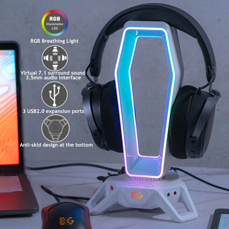 

RGB Headset Stand Multi-functional Headphone Holder Hanger Display Shelf With 3 USB 2.0 / Virtual 7.1 Surround Sound 3.5mm Port