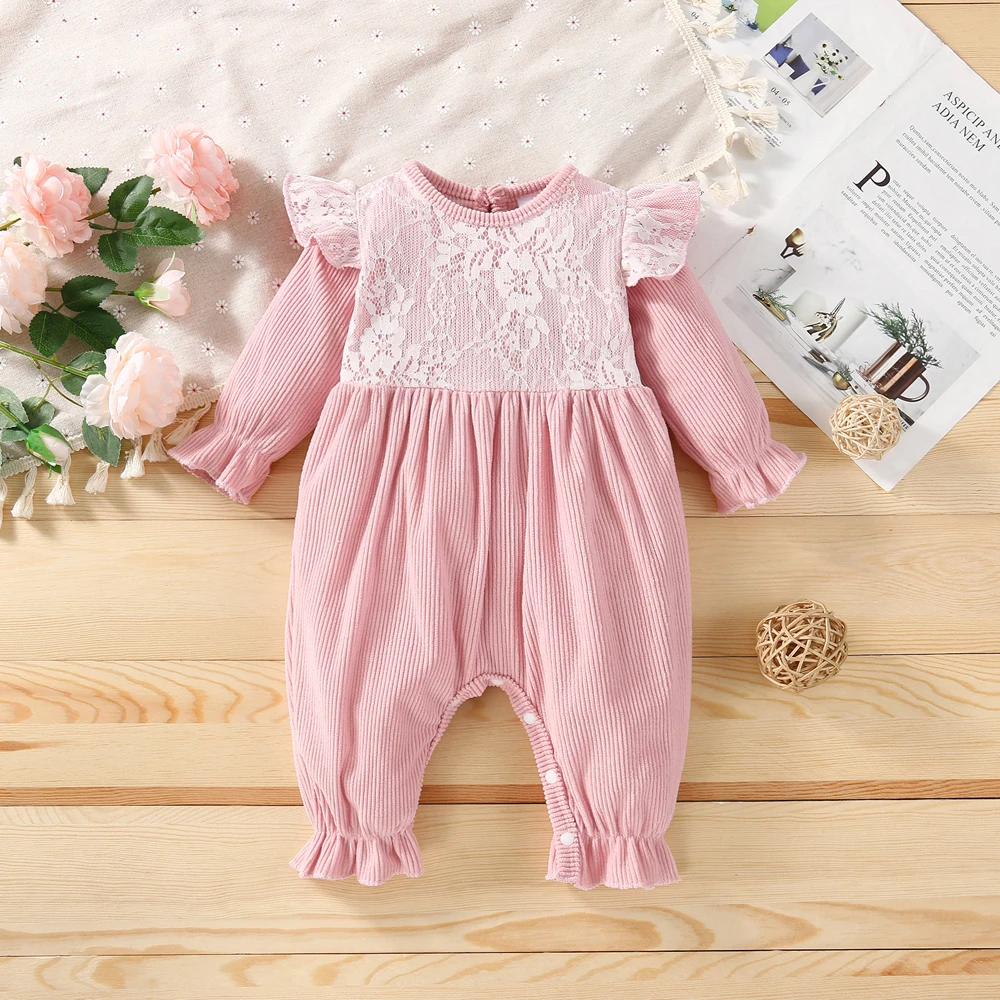Baby bodysuits baby girl's bodysuit pants crawling suit round neck cute pink lace flare sleeve suitable for 0-18 months old baby