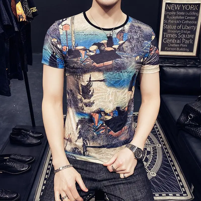 

2021 Ice silk trendy men's short-sleeved shirt Chinese Style Village Printed T-Shirt with Polyester Spandex Material fashion top