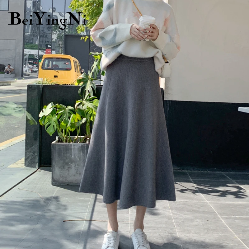 

Beiyingni 8 Colors Skirt Women Fashion A Line Knitting Vintage Solid Elastic High Waist Midi Skirts Ladies Thick Warm Skirt 2020
