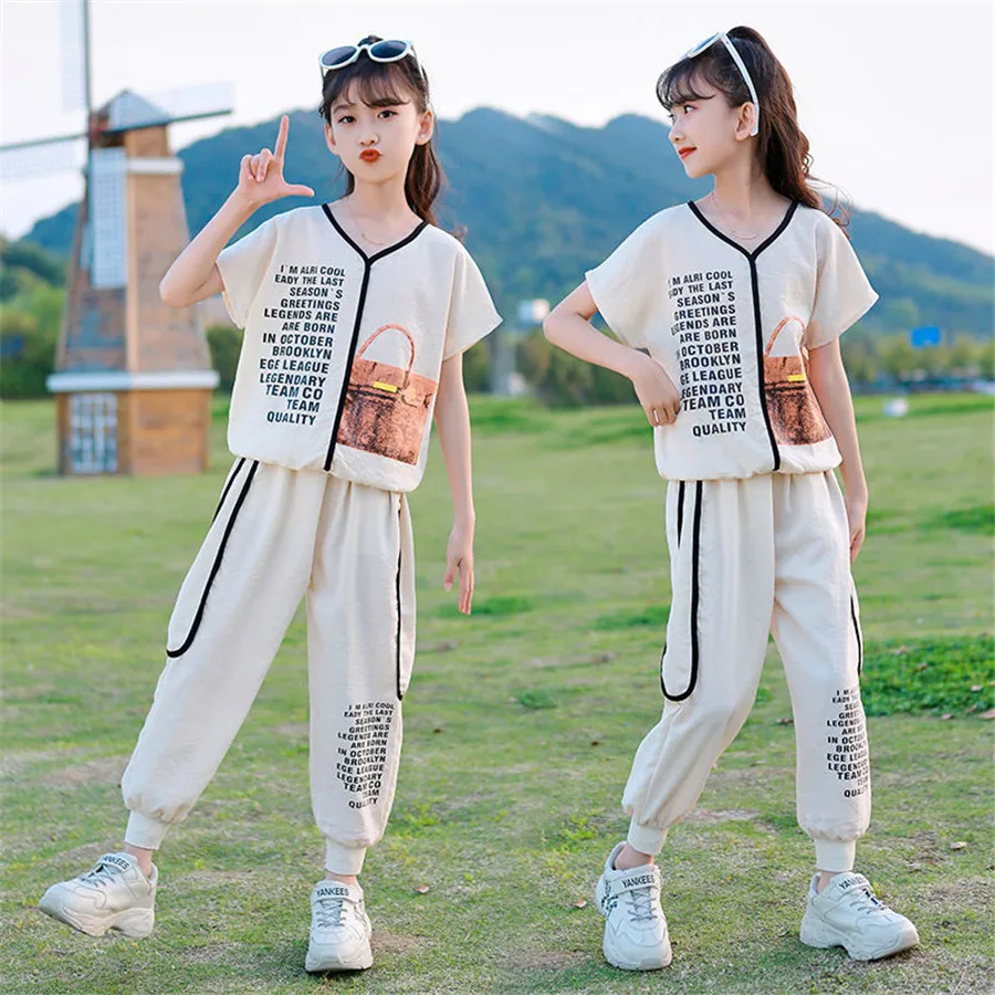 

2021 New summer Girls clothes Sets print Casual Children Tracksuit kids clothing suit baby t shirt+pant 2pcs 8 10 12 14 Year