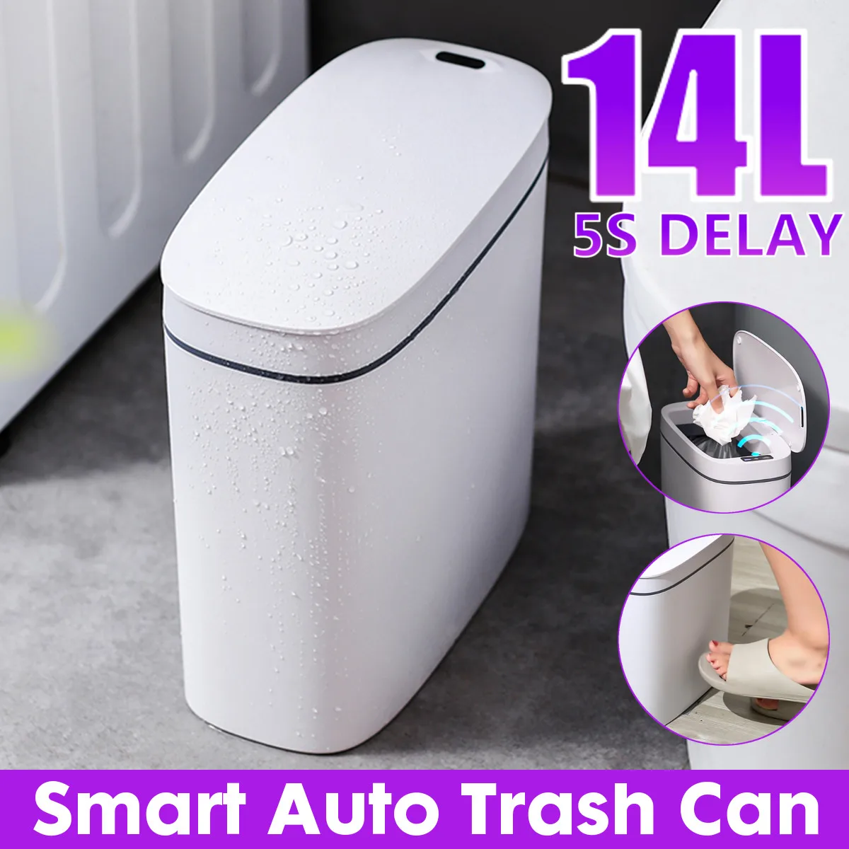 

14L Touchless Smart Motion Sensor Trash Can Electronic Automatic Household Bathroom Toilet Waterproof Narrow Seam Sensor Bin