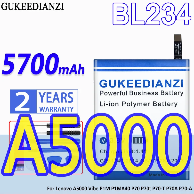 

High Capacity GUKEEDIANZI Battery BL234 5700mAh For Lenovo A5000 Vibe P1M P1MA40 P70 P70t P70-T P70A P70-A
