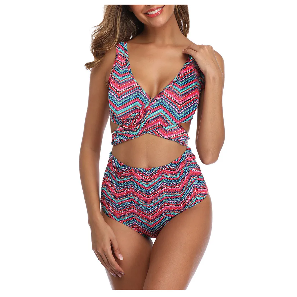 Женский купальник бикини два предмета цветная полоска с принтом бразильское