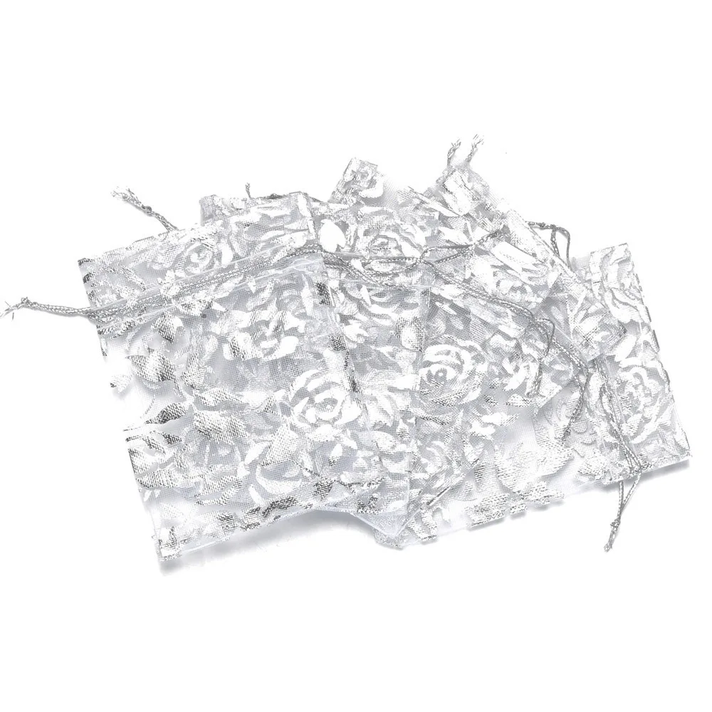 silver flower 10 шт. подарочная Сумка из органзы в форме сердца, свадебная сумка на шнурке, Яркая милая конфетная посылка вечерние украшения 7x9 9x12 13x18cm - Цвет: silver flower