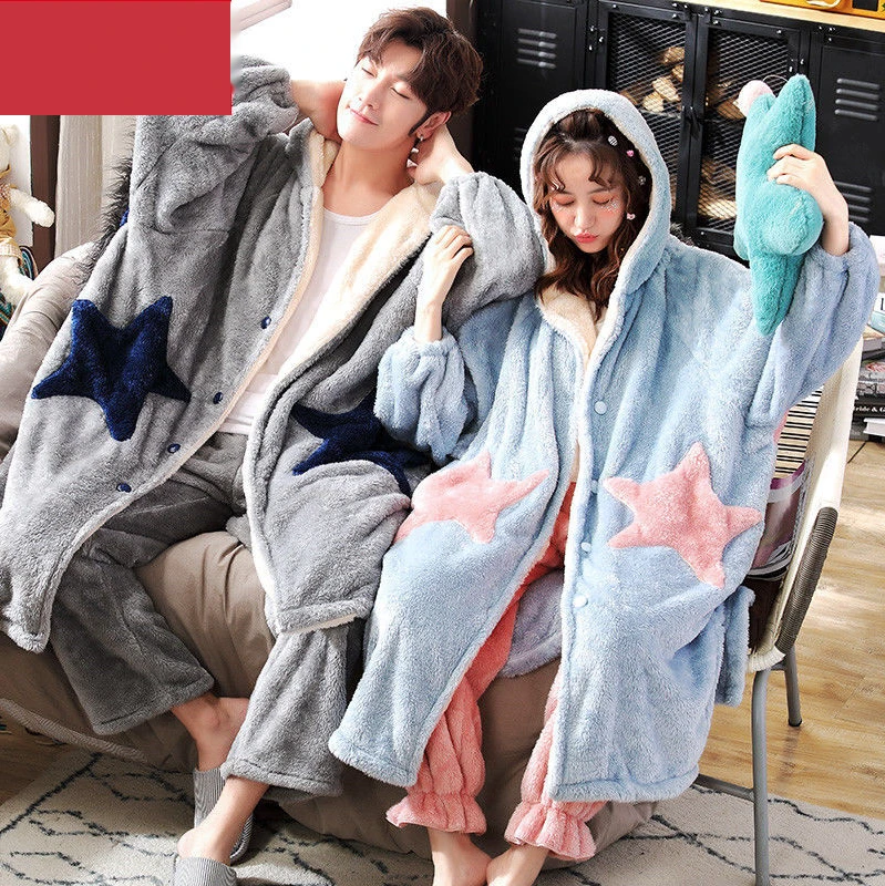 Couple Pajamas Autumn and Winter Models Coral Fleece Winter Thickening Padded Men and Women Winter Facecloth Long Sleep Robe