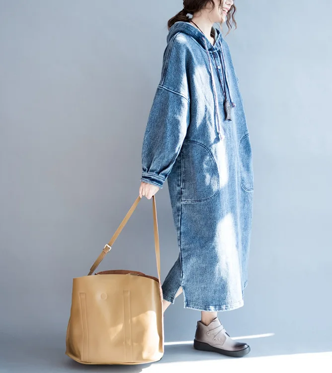 Cowboy Dress Autumn Winter New Style Korean-style Casual Long Hooded Long-Sleeve Loose-Fit Fat Mm Plus-sized | Женская одежда