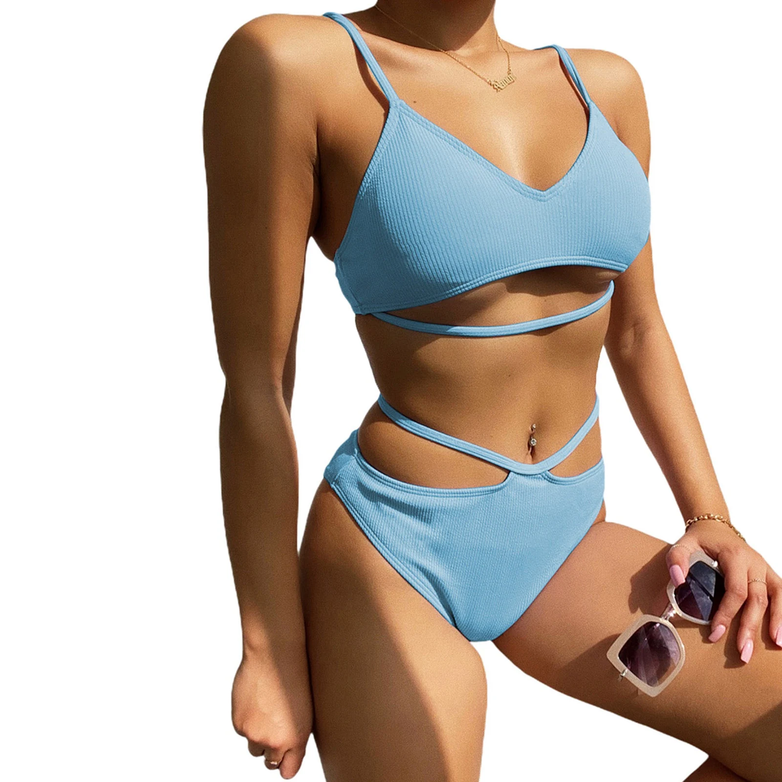 

Summer Purple/Sky Blue Female Bikini Set Solid Color Two-Piece Bathing Suit V-Neck Sleeveless Crop Tops And Bikini Panties