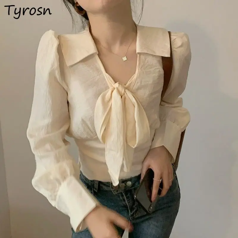 

Long Puff Sleeve Blouses Women Elegant French Style Lace Up Bows Corp Top Elastic Waist Spring Autumn Solid Vintage Chic Casual