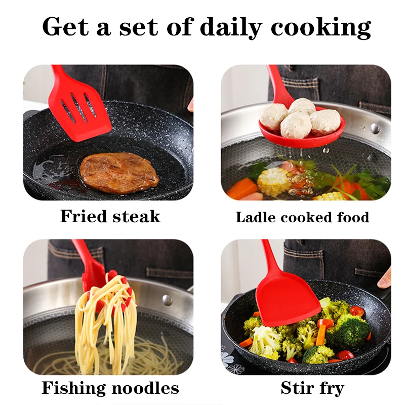 9/10/12PCS Silicone Cooking Utensils Set Non-stick Spatula Shovel Wooden Handle Tools With Storage Box Kitchen | Дом и сад