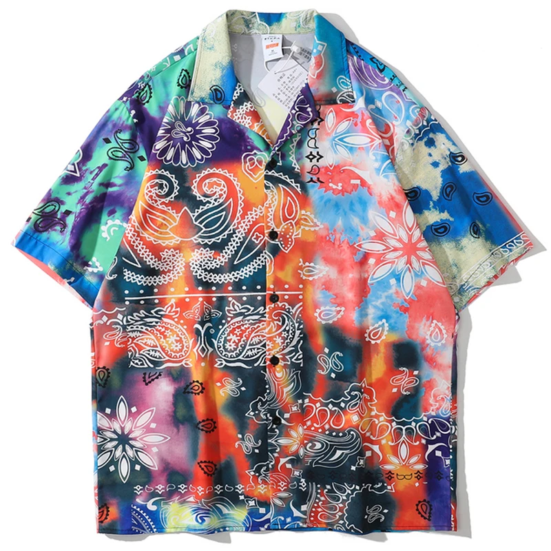 

Рубашка мужская оверсайз с принтом пейсли, Пляжная Свободная блузка с короткими рукавами, гавайский принт, в стиле Харадзюку, лето 2021