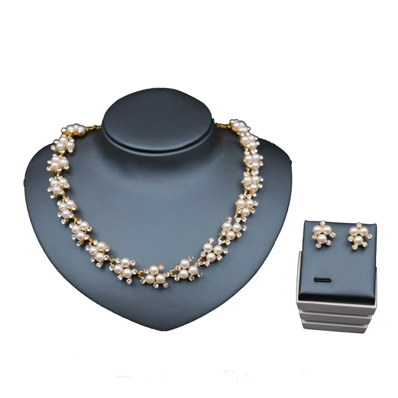 

Exquisite Pearl Flower Jewelry Set Zircon Dubai Gold Bridal Necklace Stud Earring for Brides Banquet Jewelry Sets Wholesale