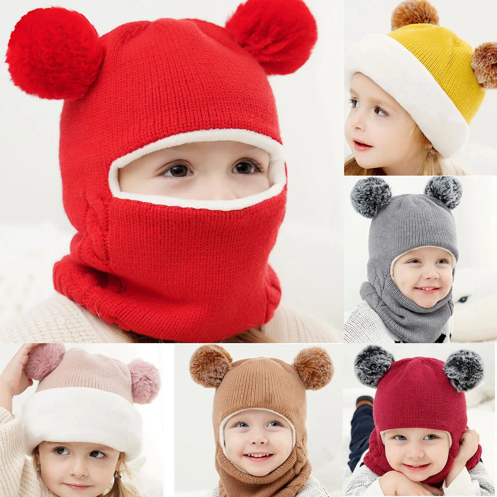 2021 Cute Kid Baby Boy Girl Hooded scarf Caps Hat Cartoon Ear Winter Warm Knit Flap Cap Scarf Delicately crocheted solid hat | Детская
