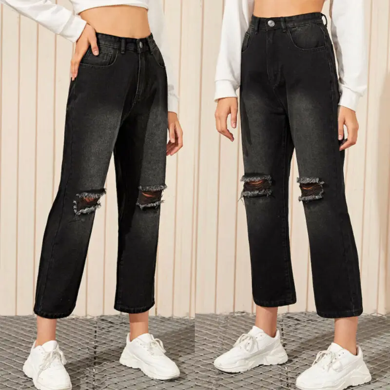 

Brand New Women Black Straight Wide Leg Denim Trousers Ladies High Waist Long Jeans Pants Femele Vintage Hole Ankle Length Jeans