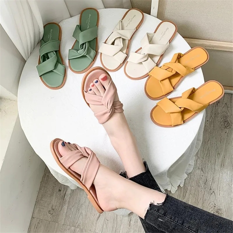 

Women Slipper Woman Solid Slides Round Outdoor Casual Sewing Shoes Toe Green Yellow Colors Summer Beach Slides Flip Flops