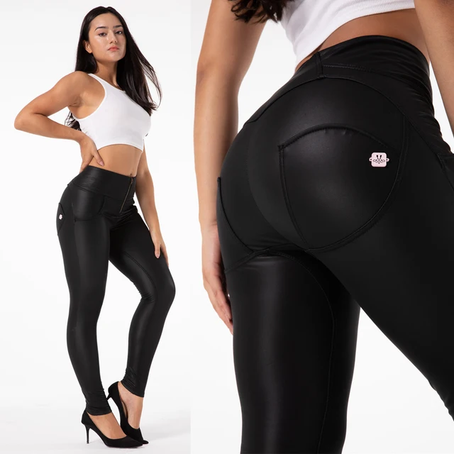 Melody Bum Lift Artificial Leather Pants Black Seam Hug Women's