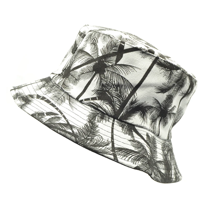 

Fashion Summer Reversible Black White Coconut Tree Printed Fisherman Caps Print Bucket Hats Gorro Pescador Men Women