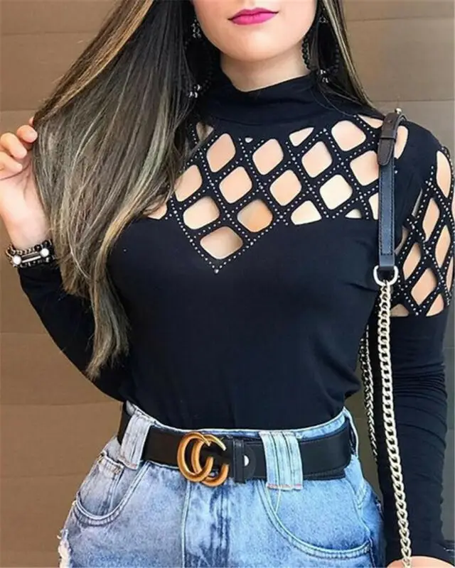 Autumn Sexy Women Bodycon T-shirt Tops Sequined Long Sleeve Casual Off Shoulder Hollow Out Party Tee | Женская одежда