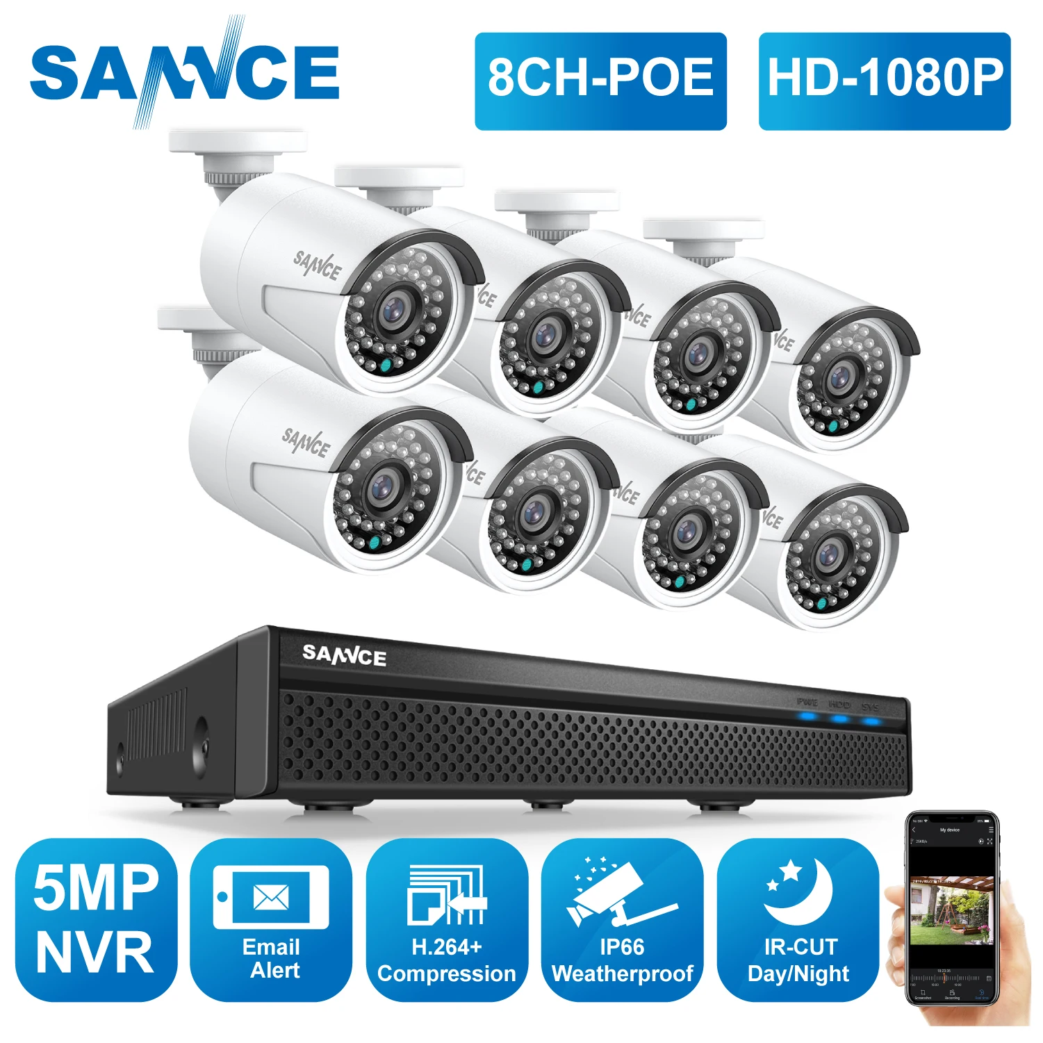 SANNCE 8CH 1080P FHD POE Система видеонаблюдения H.264 + 5MP NVR с 4X 6X 8X 2MP наружная Погодостойкая