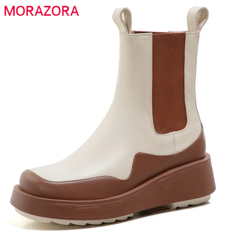 

MORAZORA 2021 Hot Sale Genuine Leather Shoes Women Ankle Boots Autumn Winter Chelsea Boots Fashion Flat Platform Shoes Women