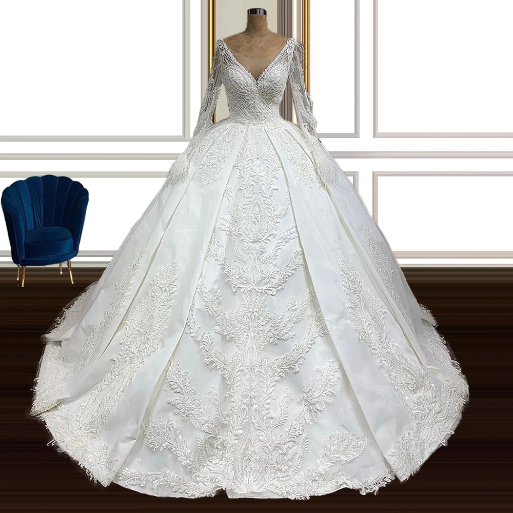 

Advanced Customization boda coleccin IVestido Novia Satin Lace V-neck Feathers Long Sleeve Dress Aliexpress France FOW33109