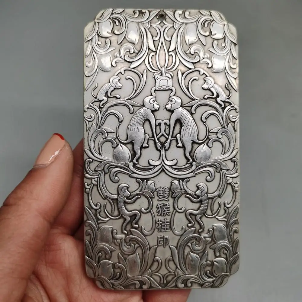 Китайская старая тибетская Серебряная рельефная двойная обезьянка с рисунком