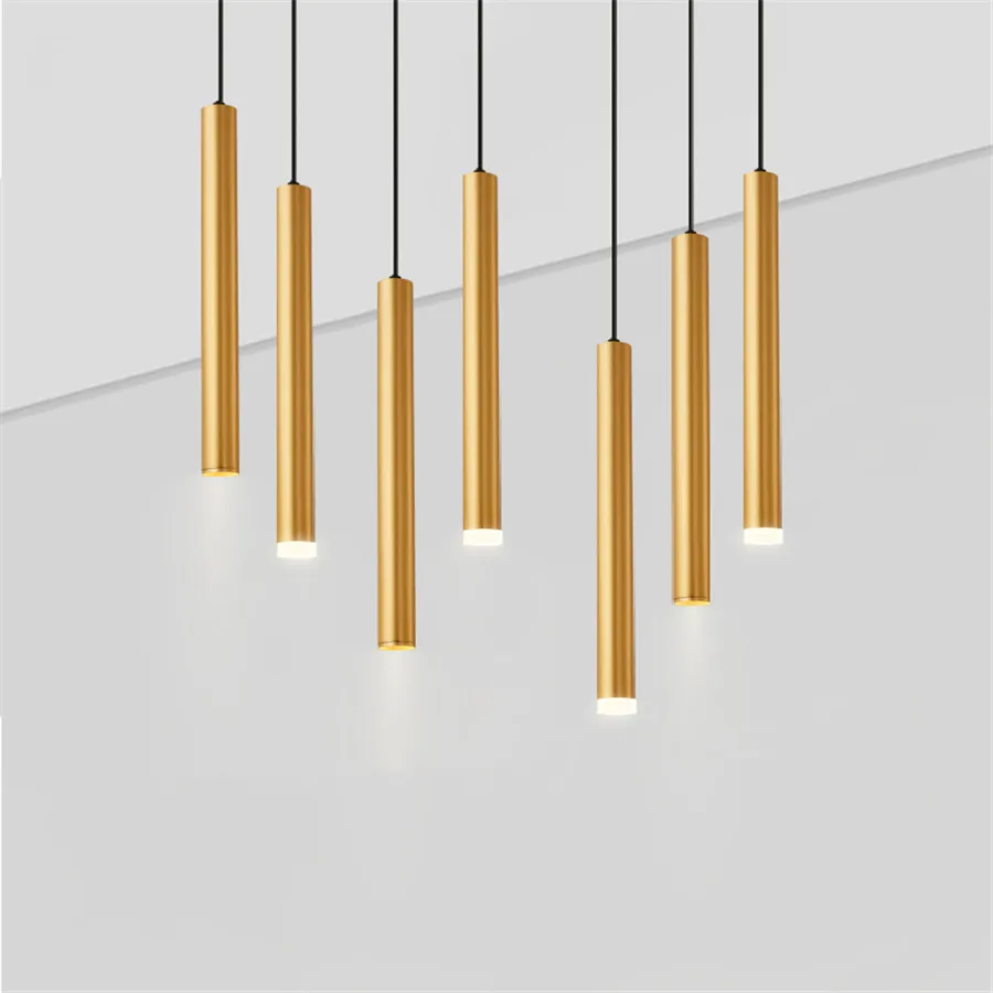 

Современный светодиодный подвесной светильник, минималистичный золотистый длинный светильник в скандинавском стиле, декоративные цилинд...