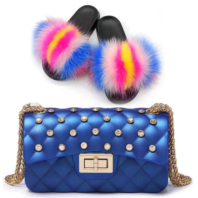 Женская желеобразная сумка с лисьим мехом Шлепанцы пушистым Роскошные Тапочки