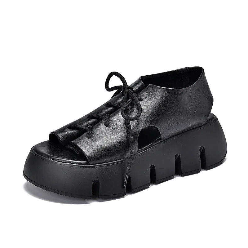 

Summer Women Sandals Genuine Leather Ladies Shoes Lace-Up Retro 2021 New Woman Wedges Handmade Leisure Concise Platform Sandals