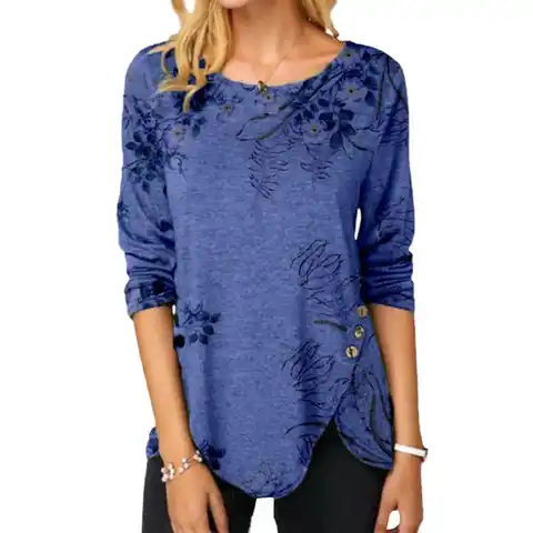 Women Blouse Long Sleeve Tunic Top Floral Print Irregular Buttons Hem Blouse women clothes blusas mujer de moda 2022