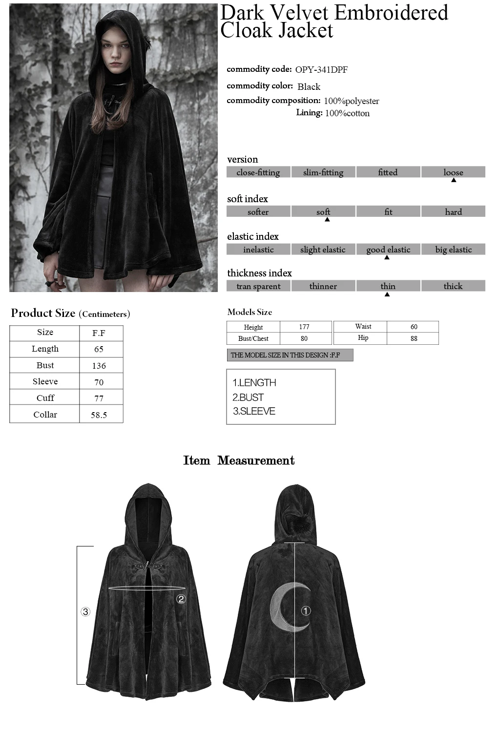 

Classic Loose Irregular Silver Crescent Moon Cloak Jacke Gothic Velvet Embroidered Women Hooded Cape Coat PUNK RAVE OPY-341DPF
