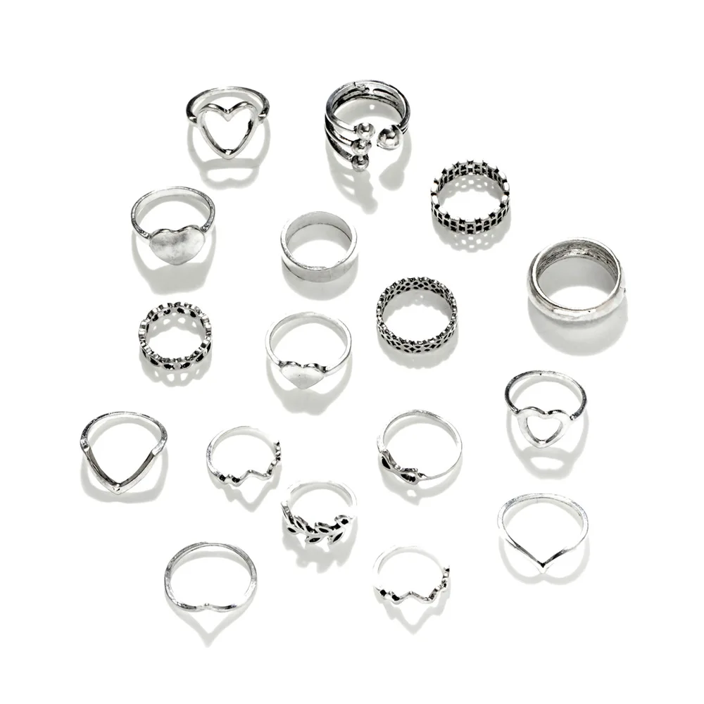 

17 Pieces/set Fashion Retro Silver Love Round Alloy Ring Simple Geometric Metal Women's Ring Wedding Party Jewelry Jewelry Gift