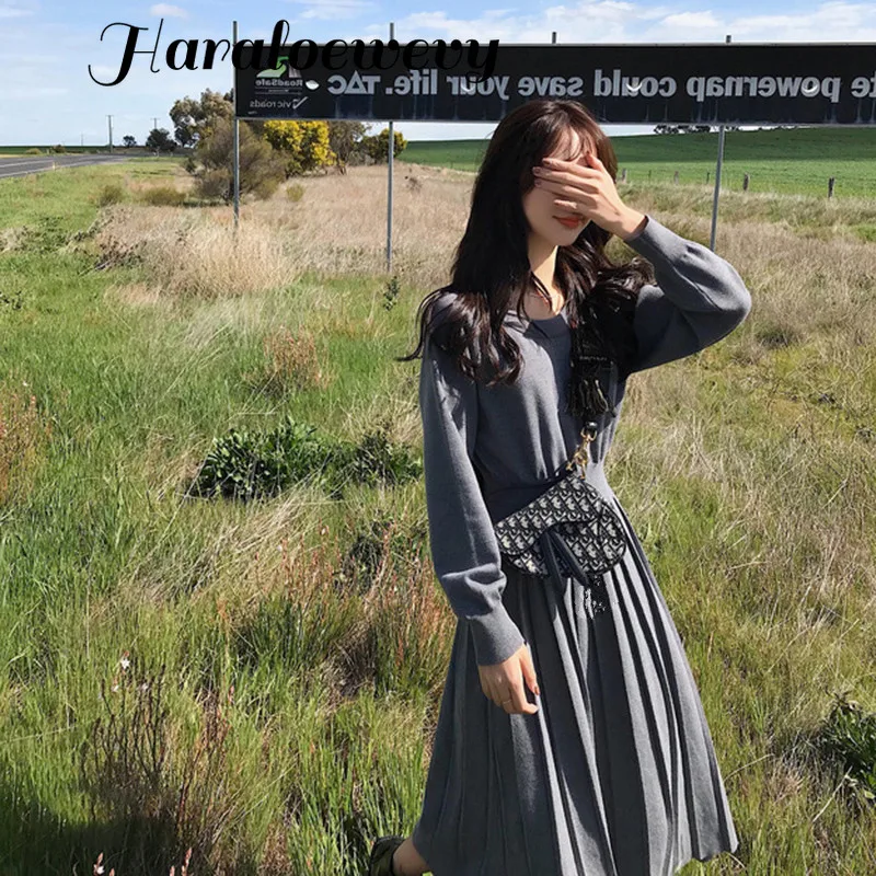 Корейское платье-свитер весенние женские новые вязаные свободные винтажные