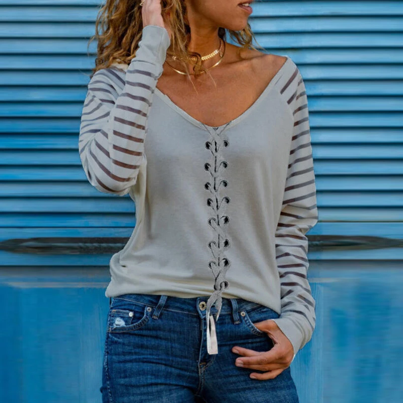 

T Shirt Women Tops V Neck Elegant Striped Patchwork Hollow Out Female T-Shirt Fall Long Sleeve Top Ladies T-shirts for Women