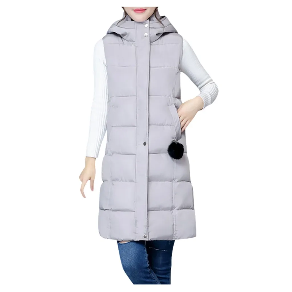 Серый Winter vest women long vest Casual Slim thick warm Autumn hooded sleeveless waistcoat long zipper winter vest female M-3XL - Цвет: Серый