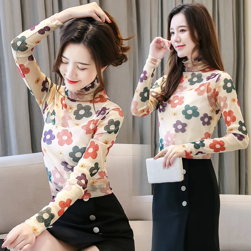 Кружевной женский тонкий свитер с высоким воротником и цветочным узором