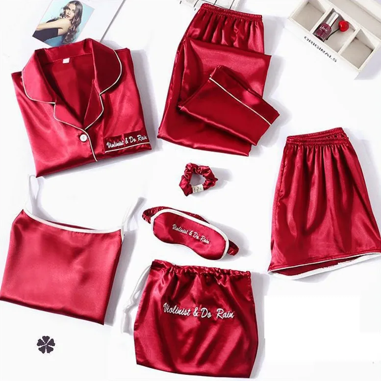 

7PCS Burgundy Pajamas Suit Female Satin Nightwear Intimate Lingerie Spring Autumn New Sleep Set Home Clothing Casual Pyjamas