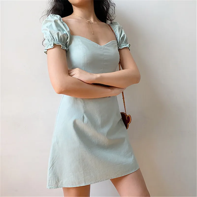 

Solid Color Dress Women 2021 New Sweet Elegant Retro V-neck Puff Sleeves Summer French Style A-line Slim Dresses Female LR1197