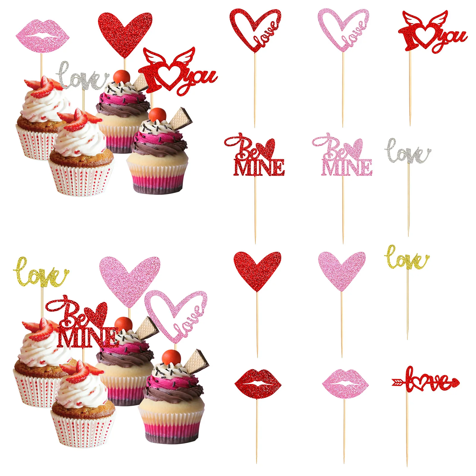 

60Pcs Love Cupcake Toppers Picks Red Valentine Day Cake Topper Glitter Birthday for Anniversary Party Cake Decorations