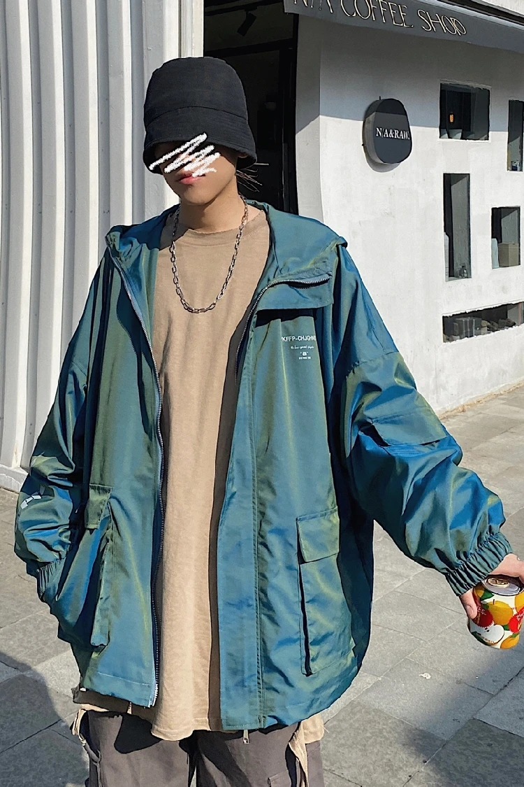 

2020 Spring And Autumn New National Tide Shiny Reflective Jacket Fashion Casual Simple Hooded Jacket Green / Blue S-XL
