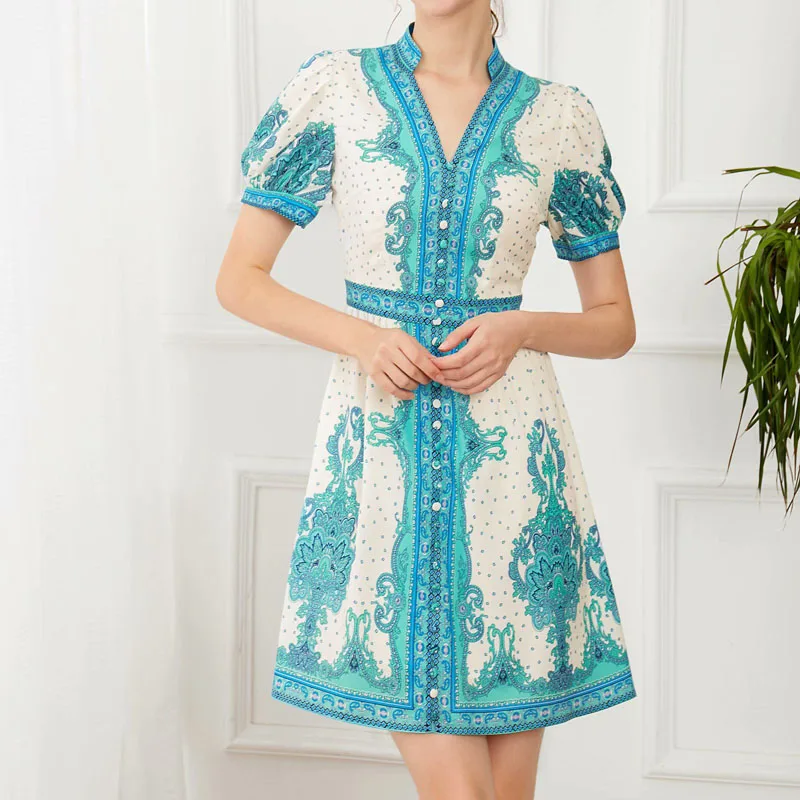 

2021 Bohemian Retro Print Flowers Sexy V-Neck Short Sleeve Slim Temperament Button Dress Women'S Clothing High Quality