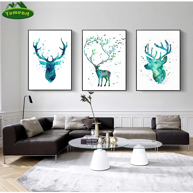 Абстрактная акварельная картина силуэт оленя силуэта плакат принты