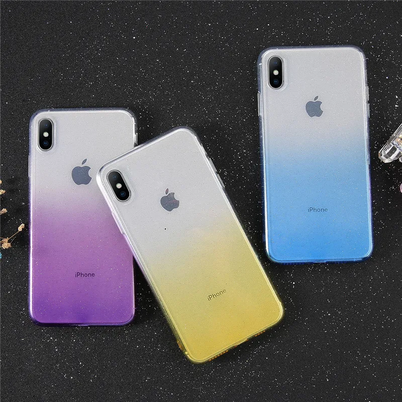 For iPhone X XR XS Max 8 7 6 6s Plus Sparkle Bling Glitter Rainbow Gradient Color Transparent Soft Silicone TPU Phone Case Cover |